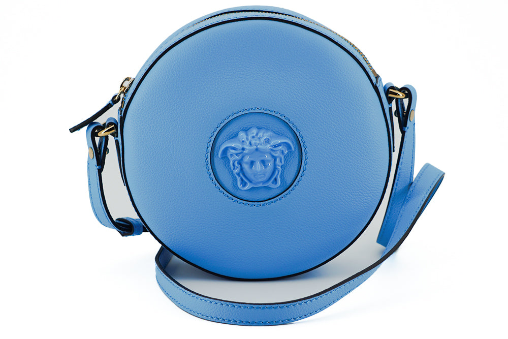 Versace sininen pyöreä nahkainen crossbody laukku