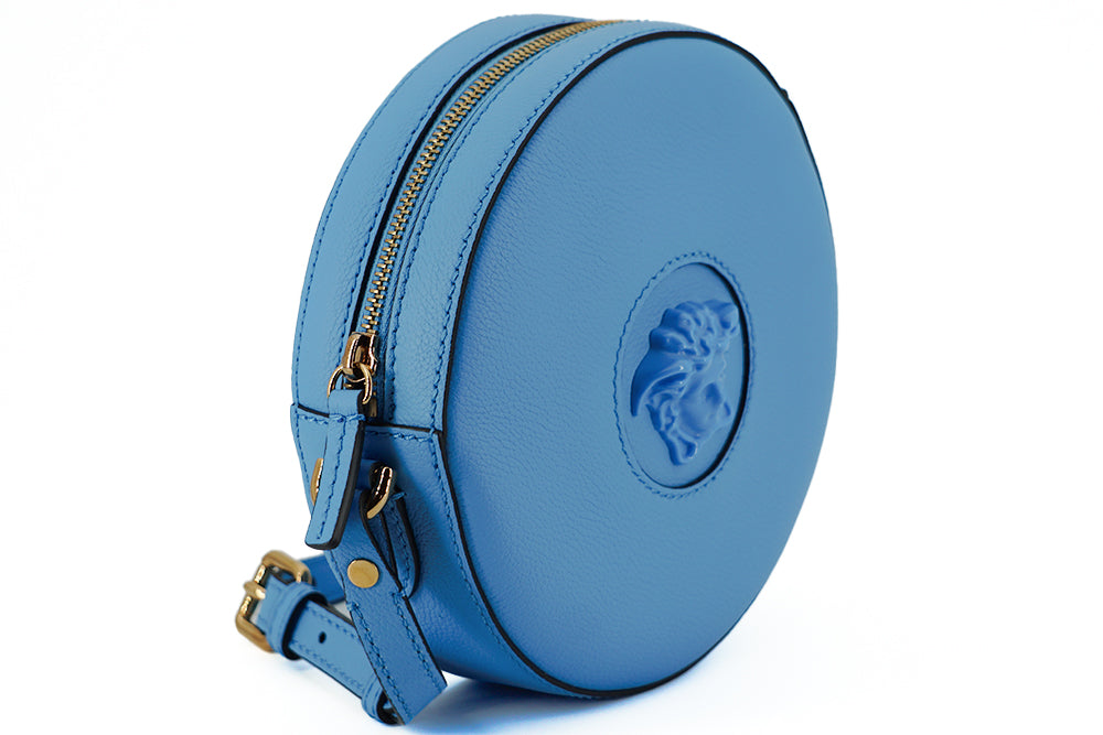 Versace sininen pyöreä nahkainen crossbody laukku